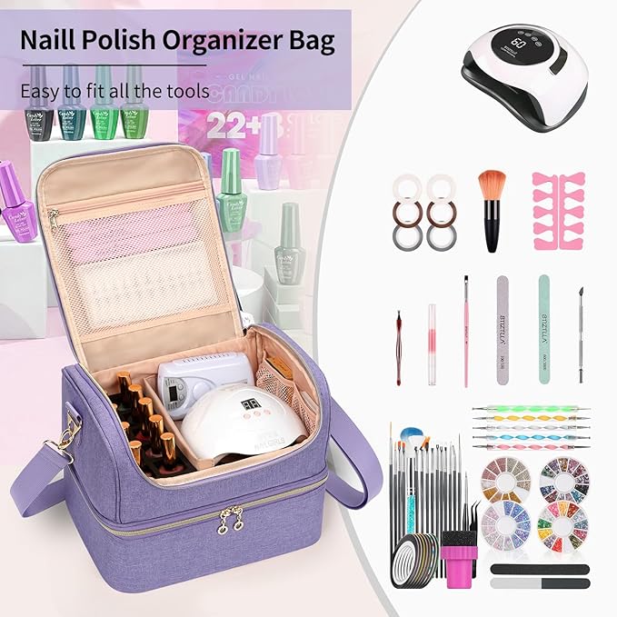 Nail Polish Organizer Case, Nail Supplies Storage Box Holds 45 Bottles Nail Polish & Nail Lamp, Travel Nail Tech Carrying Case, Nail Kit Bag For Nail Stuff & Manicure Tools