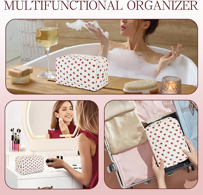 Quilted Makeup Pouch,Cotton Puffy Makeup Bag, Coquette Cosmetic Bag for Women and Girls, Aesthetic Organizer Bag, Cute Flower Travel Toiletry Bag