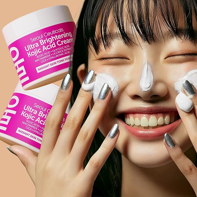 SeoulCeuticals Korean Kojic Acid Cream Dark Spot Remover + Glycolic Acid + Niacinamide + Cica + HA Moisturizer - Cruelty Free K Beauty Skincare 2oz