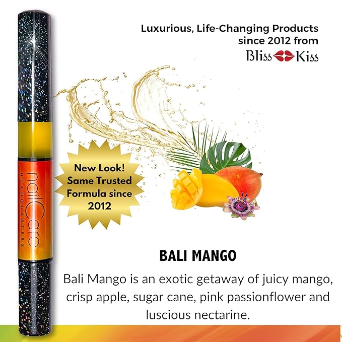 Cuticle Oil Pen for Nails - Nail Strengthener & Growth Oil and Serum for Damaged Nails, Hangnails w/Jojoba cuticle oil—Bali Mango Fragrance - Holographic Glitter Pens 4-Pack