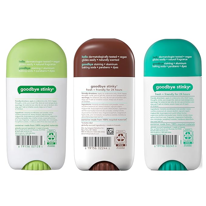 hello Deodorant Variety Pack (Sweet Coconut, Fresh Citrus, White Sage) for Women + Men, Aluminum Free, Baking Soda Free, Parabens Free, 24 Hour Odor Protection, 2.6 Ounce, 3 Pack