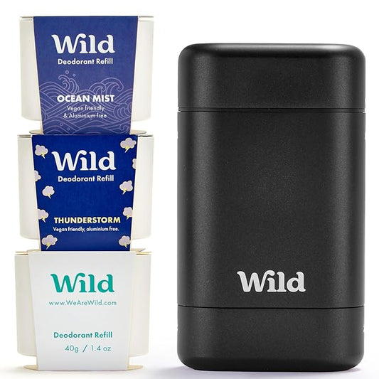 Wild - Refillable Deodorant Starter Kit - Black Case with Fresh Cotton & Sea Salt, Ocean Mist & Thunderstorm Scents - Long Lasting Protection - Aluminum Free - Vegan