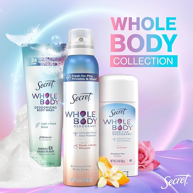 Secret Whole Body Deodorant Dry Feel Stick + Absorbs Sweat for Women, Naturally Derived Ingredients, Light & Fresh Scent, Aluminum Free Deodorant Stick, 72 HR Odor Protection, 2.4 oz