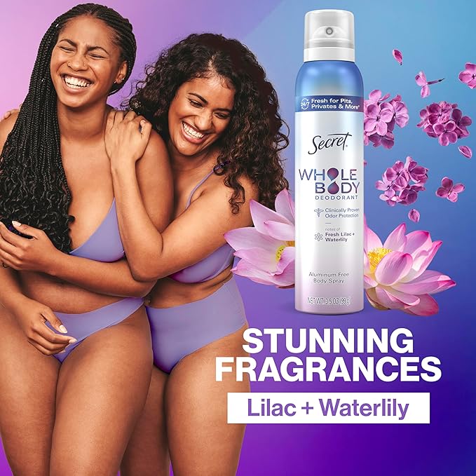 Secret Whole Body Deodorant Spray for Women, Lilac & Waterlily Scent, Aluminum Free Deodorant Spray, 72 HR Odor Protection, 3.5 oz