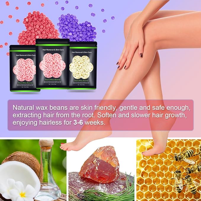Wax Beads for Hair Removal 10.5oz (300g), Auperwel Hard Wax Beads Beans for Sensitive Skin Brazilian Waxing, Face, Bikini, Eyebrow, Legs, Painless for Women Men, 3 packs Kit with 10 Sticks