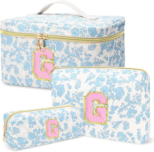3 PCS Travel Makeup Bag Set,A-Z Initials Cotton Make up Bag Floral Quilted Cosmetic Bag for Girls and Women,Personalized Christmas Gifts,Cute Toiletry Travel Accessories Brushes Bags-G
