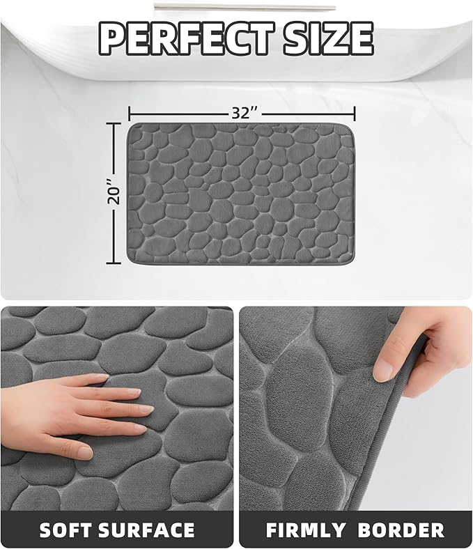 YIHOUSE Memory Foam Cobblestone Rugs Super Water Absorbent Bath Mats for Bathroom Machine Washable Bath Rugs(20x32,Dark Gray)