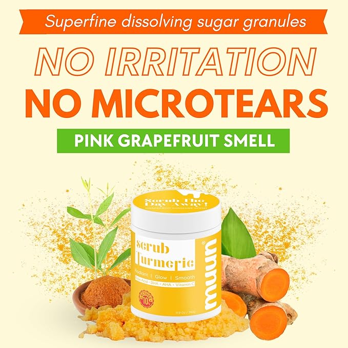 Muun Turmeric Scrub with Kojic Acid AHA/BHA Face &Body - Exfoliator Dark spot Remover- Ingrown Hair Treatment Bikini Area Inner Thighs Armpit Underarm Exfoliating