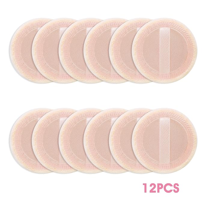 Sibba Loose Powder Puff 12 Pieces Round Velour Face Makeup Compact Body Container Setting Pressed Blending Foundation Cream Make Up Ribbon Strap Sponge Cushion Applicator (Skin Color)