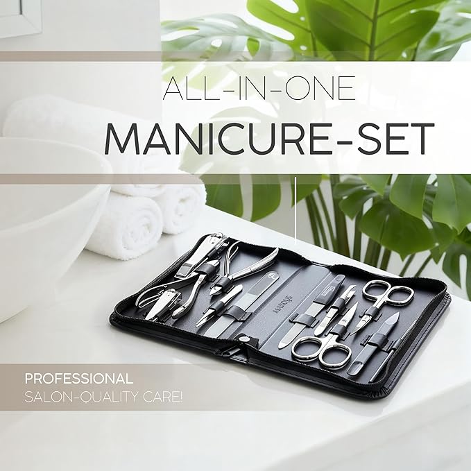 Manicure Set Women and Men – 12-Piece Professional Grooming Kit with Premium Tools, Genuine Leather Case, and Exclusive Glass Nail File for Hand & Foot Care, German Quality