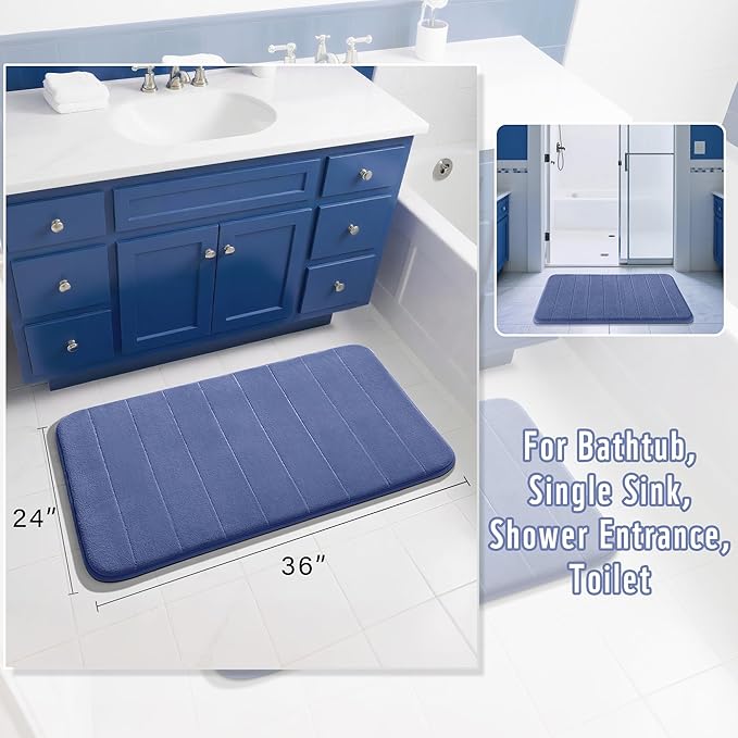 Yimobra Large Bath Mat 36"x24", Super Soft Quick Dry Memory Foam Bathroom Rug, Water Absorbent, Non Slip Backing Machine Washable for Tub Shower, Thick Comfort Support, Navy Blue