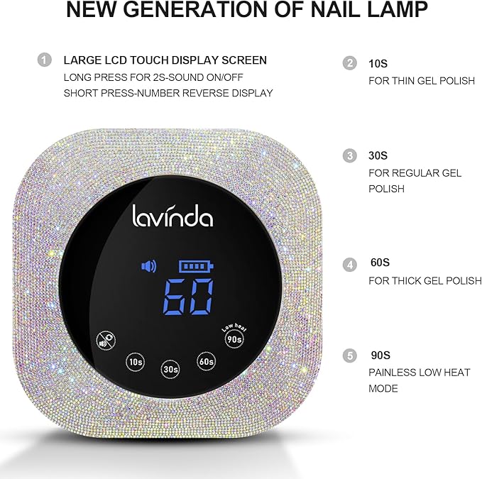 Lavinda UV LED Nail Lamp, 54W Rechargeable Cordless Nail Lamp Nail Dryer Gel Polish UV Nail Light with 4 Timer Setting, Professional Quick Dry Curing Lamp with Display Auto Sensor for Salon & Home