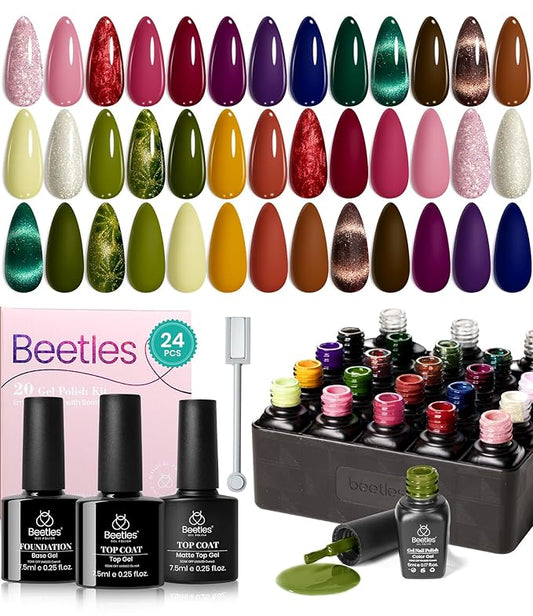 Beetles Cat Eye Gel Nail Polish Set - 20 Colors Winter Gel Polish Nail Set Burgundy Brown Green Nail Polish Glitter Pearl Nail Manicure with Base Coat Matte&Top Coat Soak off Christmas Gift for Women