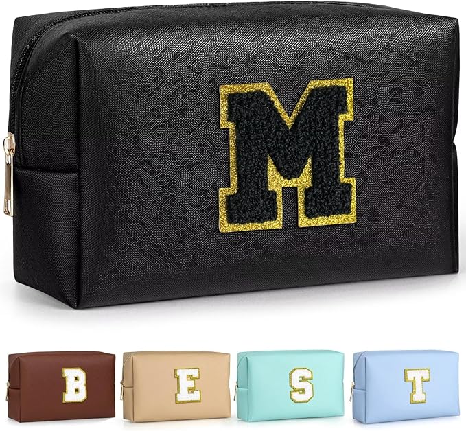 TOPEAST Monogrammed Gifts for Women, Preppy Makeup Bag Small Cosmetic Bag Travel Toiletry Bag, Personalized Birthday Gift for Girl, Wedding Bridal Shower Gifts for Bridesmaids (Black M)