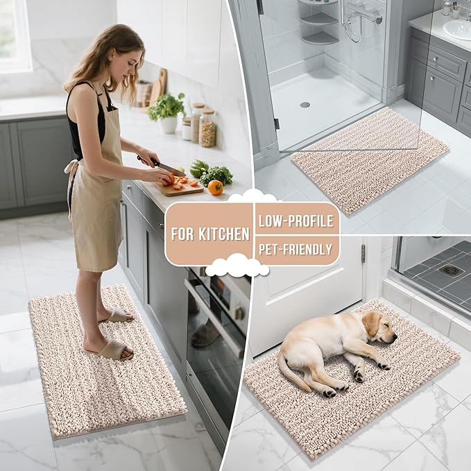 Yimobra Bathroom Runner Rug 60x24 Inch - Extra Long Non Slip Chenille Bath Mat, Soft & Absorbent, Machine Washable Shaggy Hallway Carpet for Vanity Tub Shower, Pinkish Beige Home Decor Accessories