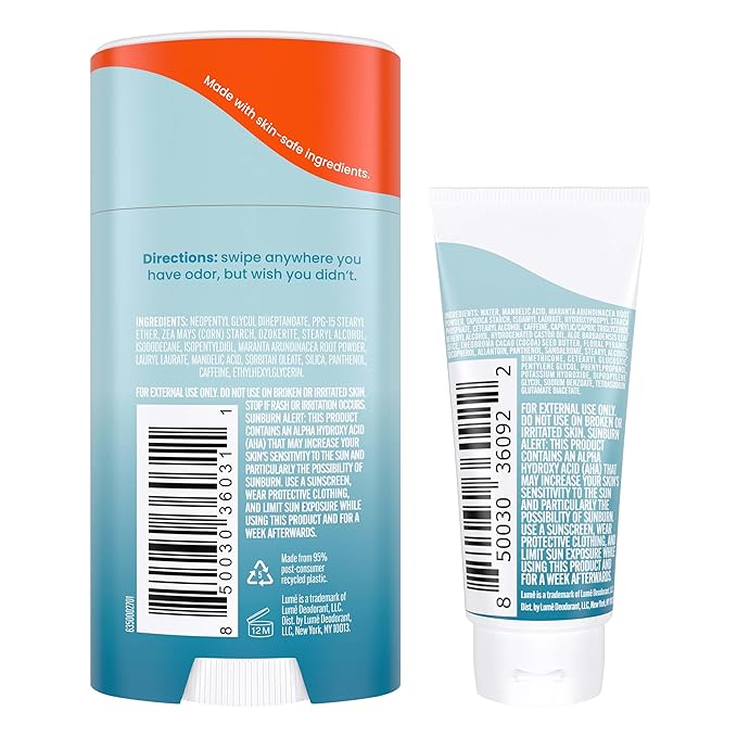 Lume Whole Body Deodorant - Invisible Cream Tube Mini + Solid Stick Bundle - 72 Hour Odor Control - Aluminum & Baking Soda Free, Skin Loving (Unscented)