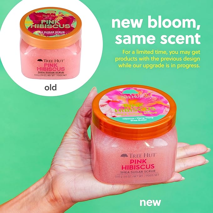 Tree Hut Pink Hibiscus Shea Sugar Scrub, Exfoliating, Hydrating & Moisturizing Body Scrub with Shea Butter & Nourishing Essential Oils, Smooth & Soften Skin, 18 oz
