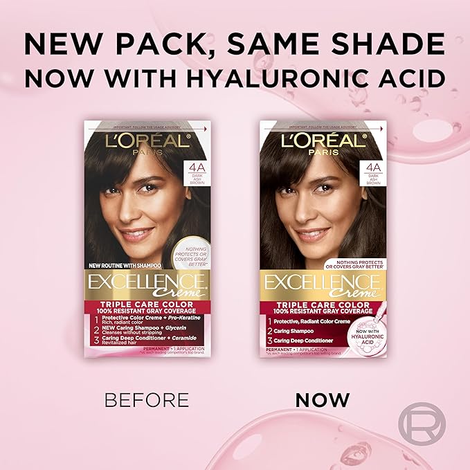 L'Oreal Paris Excellence Crème Permanent Hair Dye, Triple Care Hair Color with Pro-Keratine Complex for 100% Gray Hair Coverage, 4A Dark Ash Brown, 1 Kit