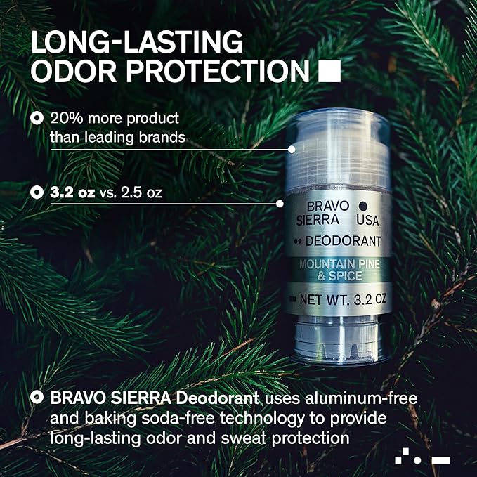 Aluminum-Free Deodorant for Men by Bravo Sierra, 1-Pack - Contains Natural Ingredients - Long Lasting All-Day Odor & Sweat Protection - Mountain Pine & Spice, 3.2 oz - Paraben & Cruelty-Free, Vegan