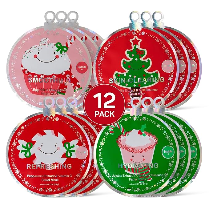SpaLife Beauty Stocking Stuffers Christmas Face Mask Bundle | Korean Facial Masks | Hydrating, Smoothing, Refreshing and Clarifying Sheet Mask Set | Christmas Stocking Stuffers for Women | 12 Pack