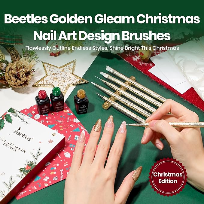 Beetles Christmas Nail Art Brushes 6pcs – Golden Gleam Nail Art Tools Liner Brushes for Nails Dotting Tool Gradient/French/Petal Manicure Design Pen with Star Palette Holder Nails Stickers Pouch Bag