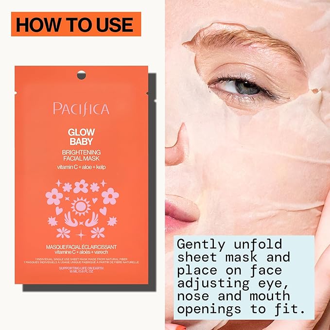 Pacifica Sheet Face Mask - Glow Baby Brightening Facial Mask w/Vitamin C, Aloe & Kelp – Cooling Mask for Dark Spots & Fine Lines - Clean Beauty Vegan & Cruelty-Free Dermatologist Tested
