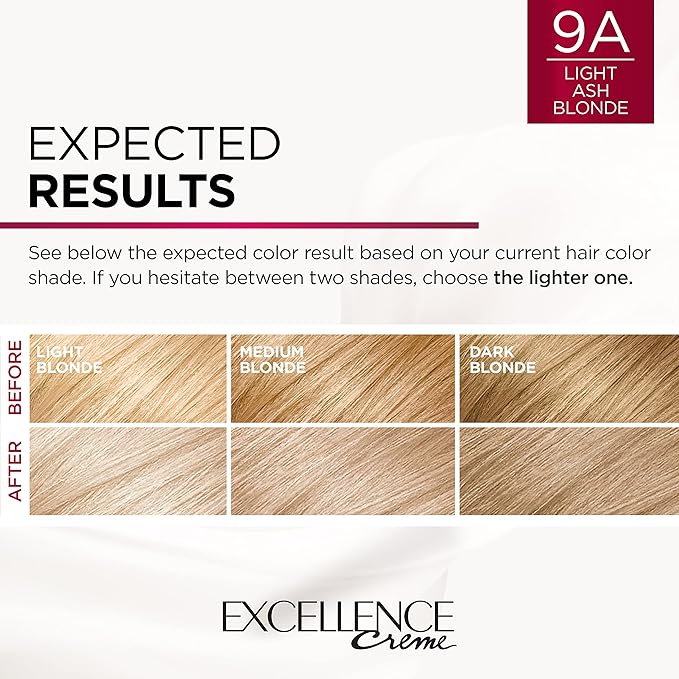 L'Oreal Paris Excellence Creme Permanent Triple Care Hair Color, 9A Light Ash Blonde, Gray Coverage For Up to 8 Weeks, All Hair Types, Pack of 1