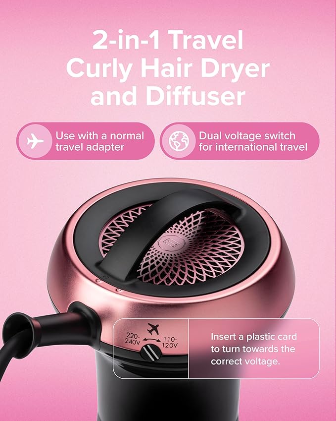 Bellissima Diffon Worldwide Diffuser Hair Dryer for Curly Hair - Dual Voltage 2-in-1 Blow Dryer with Diffuser - Reduces Frizz, Defines Curls, Volumizes - Lightweight, Easy Hold Handle