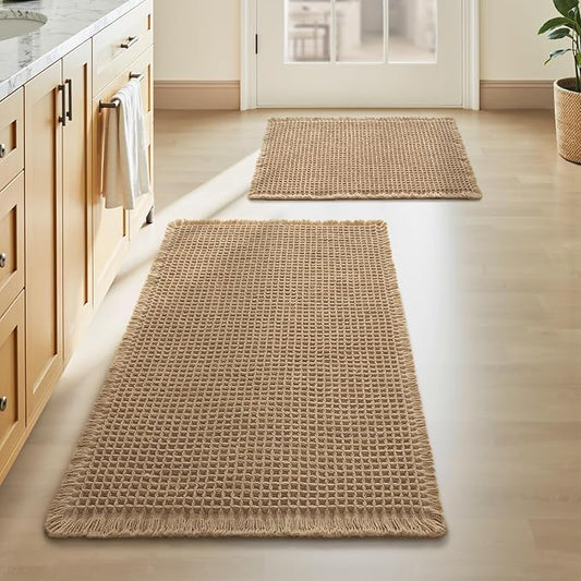 Upgraded Waffle Bath Mat Set of 2, Super Absorbent Non Slip Bath Mats for Bathroom Floor, Machine Washable Boho Bathroom Rugs Set 2 Piece with Tassels, Soft Bathroom Mat Set, 17" x 24" +20" x 32"