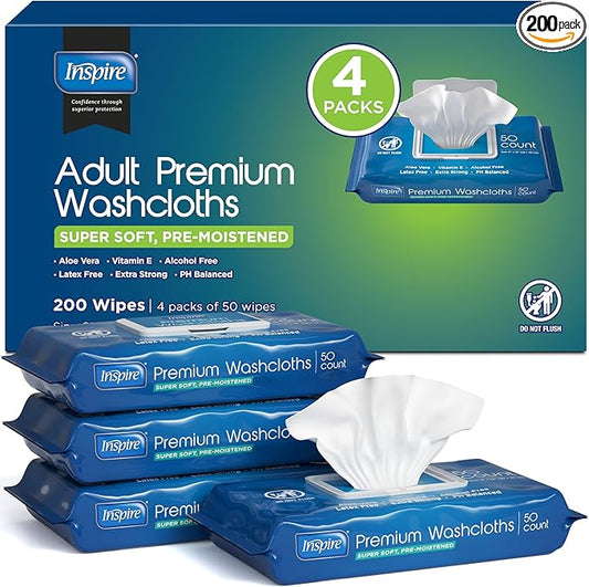 Inspire Adult Wet Wipes, Wash Cloths | Adult Wipes for Incontinence & Cleansing for Elderly, 8"x12" (200 count)