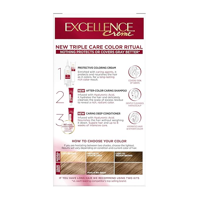 L'Oreal Paris Excellence Crème Permanent Hair Dye, Triple Care Hair Color with Pro-Keratine Complex for 100% Gray Hair Coverage, 7.5A Medium Ash Blonde, 1 Kit