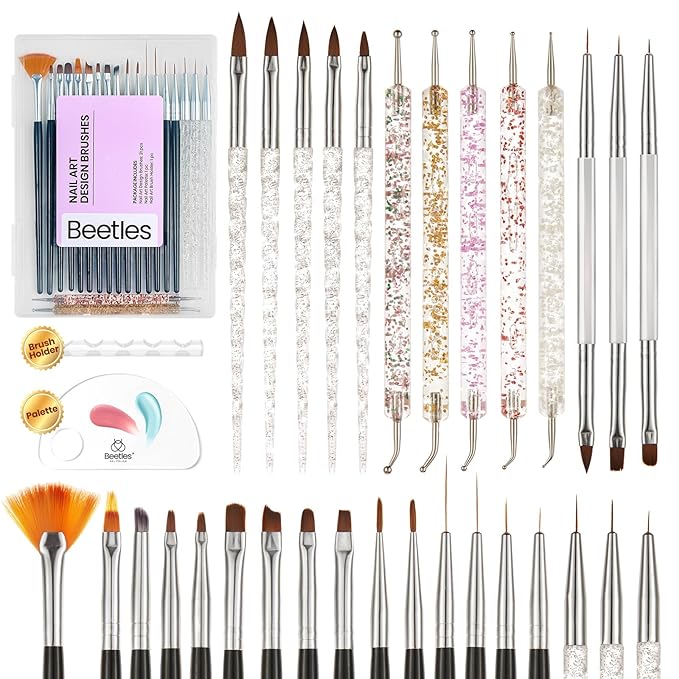 Beetles Nail Art Brushes 31pcs with Case - Confetti Nail Art Pens Daul Ended Dotting Tools Striping Liner Brushes for Nails 3D Flower Sculpting Tools Palette Holder DIY Home Salon Manicure Design Set