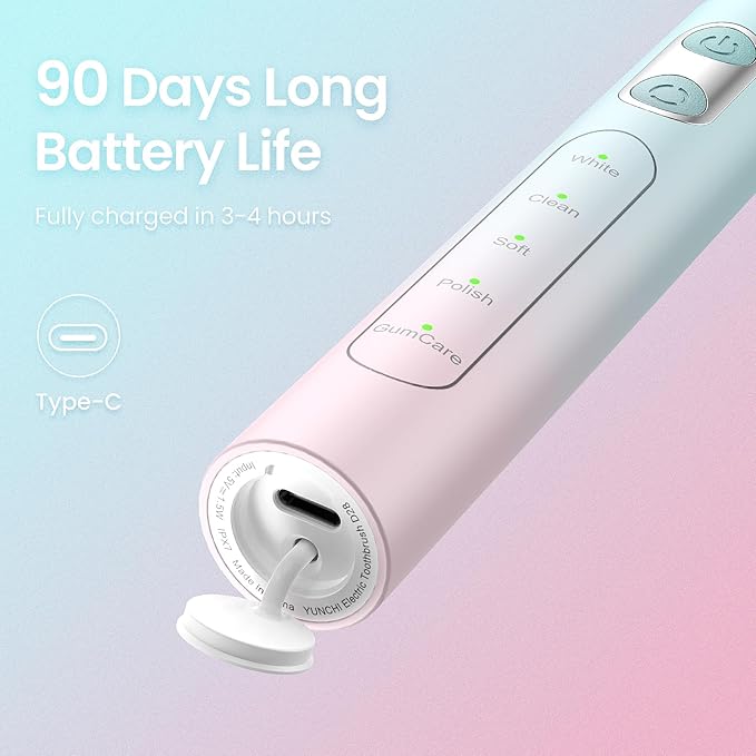 YUNCHI Sonic Electric Toothbrush for Adults & Kids, Rechargeable Battery Electric Toothbrush, 8 Brush Heads, 5 Modes, 44000 VPM Motor, 2 Min Smart Timer, IPX7 Waterproof, Travel Case, 90 Days-Gradient