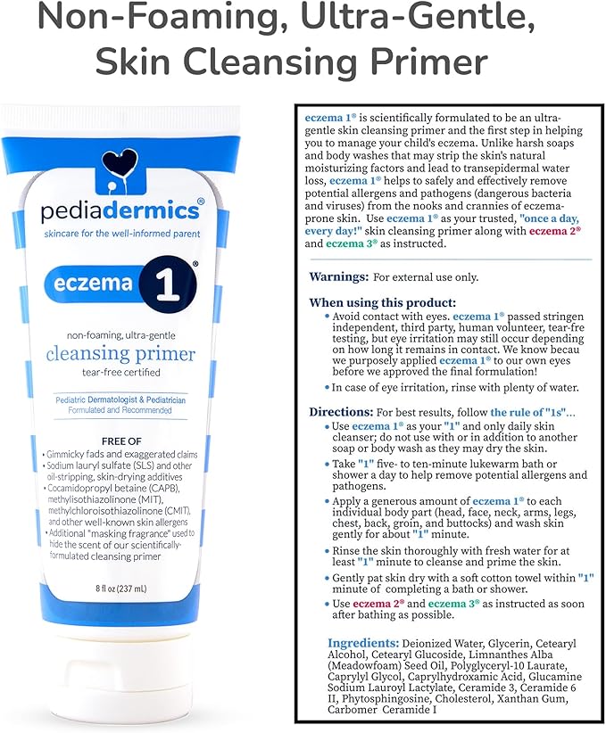 Eczema 1 Ultra-Gentle Cleansing Primer, Kids Body Wash for Sensitive Skin, Tear Free, Non-Foaming, Hypoallergenic, Free of Fragrances & Dyes, Eczema Treatment for Kids (8 fl oz)