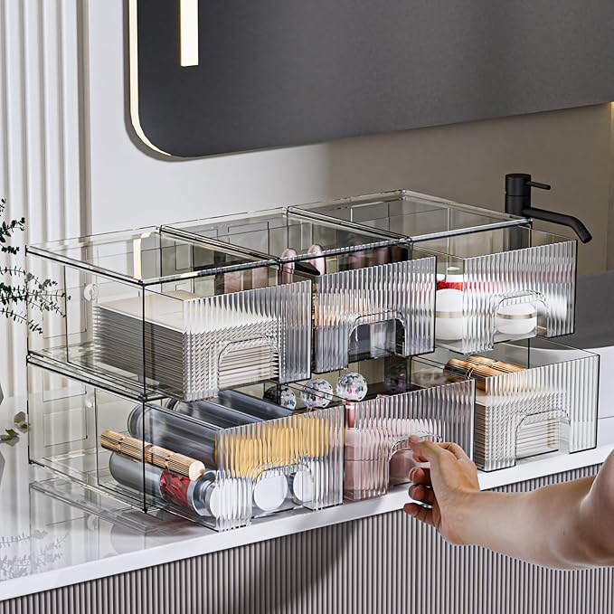 ZHIAI 6 Pack Clear Stackable Storage Drawer, Acrylic Drawer, Cosmetic Organizer, Plastic Organizer for Dresser, Under, Kitchen Cabinet, Pantry, Home Organization and Storage