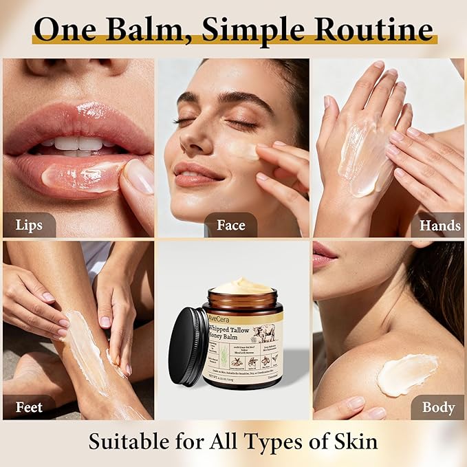 Beef Tallow for Skin - Organic Grass Fed Beef Tallow Balm for Face & Body Moisturizer - Whipped Tallow and Honey Balm Deeply Hydrates for Sensitive, Dry Skin Care - 4.23 oz, Unscented