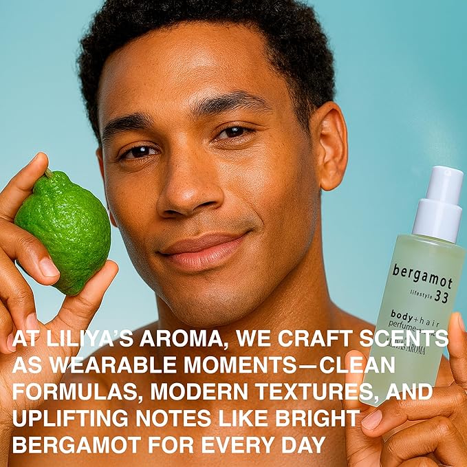 Liliya's Aroma Bergamot 33 Essence-Perfume for body and hair mist | Calabrian Bergamot | Pink Grapefruit | Vetiver Essential Oils | Gourmand Scent | Vegan 1.8 Fl Oz