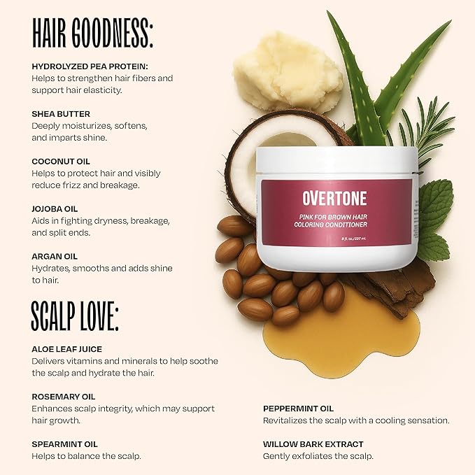 Overtone Semi Permanent Hair Color Conditioner, Raspberry Pink, 8 oz, Nourishing, Damage-Free, Color Depositing Mask for All Hair Types with Shea Butter & Coconut Oil, Vegan & Cruelty-Free