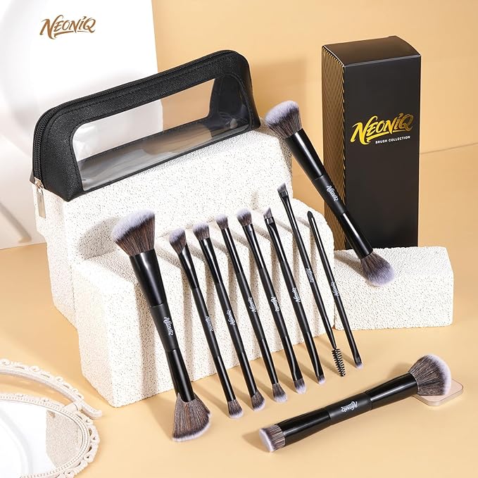10 PCS Foundation Contour Conceal Brush Set With Bag, Makeup Brushes, Double-End Multi-functional Brushes for Foundation Powder Blush Eyeliner Eyeshadows, Professional Face Brush Set（Black）