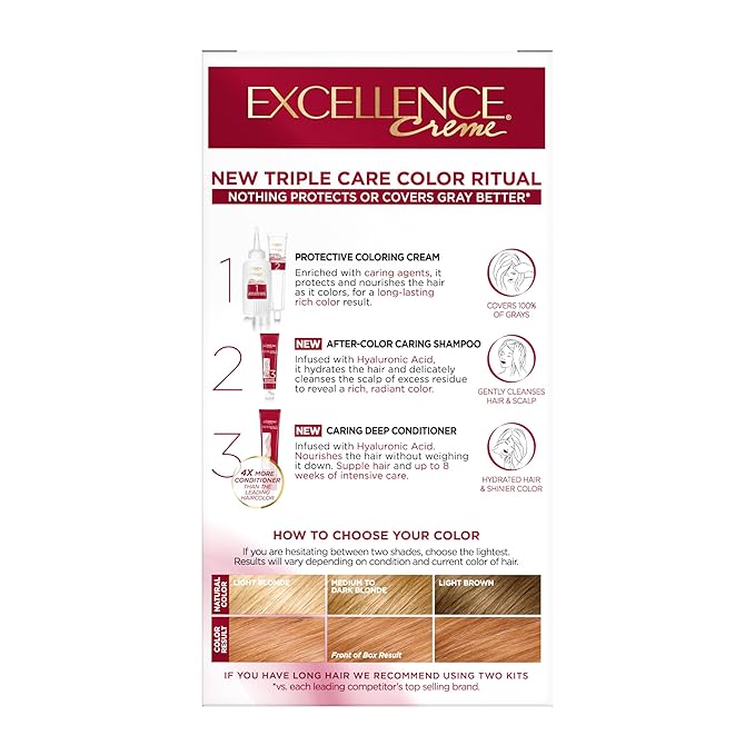 L'Oreal Paris Excellence Crème Permanent Hair Dye, Triple Care Hair Color with Pro-Keratine Complex for 100% Gray Hair Coverage, 8RB Reddish Blonde, 1 Kit