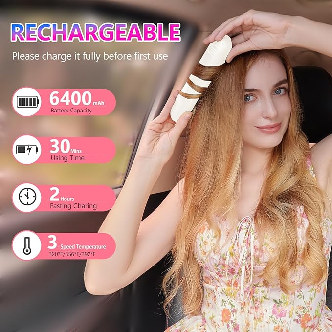 LCD Screen Cordless Hair Straightener Curler 2 in 1, Portable Mini Hair Straightening Brush for Travel Negative Ionic Fast Heating Hot Comb for Women, Folding Brush with Mirror, White