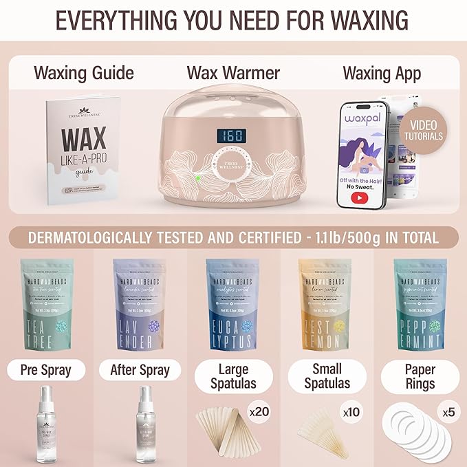 Tress Wellness Waxing Kit for Sensitive Skin – Safe for Face & Skin, Prep & Aftercare Spray, Easy to Use – At-Home Kit for Face, Bikini, Brazilian & Full Body - Digital Display, Dusty Peach