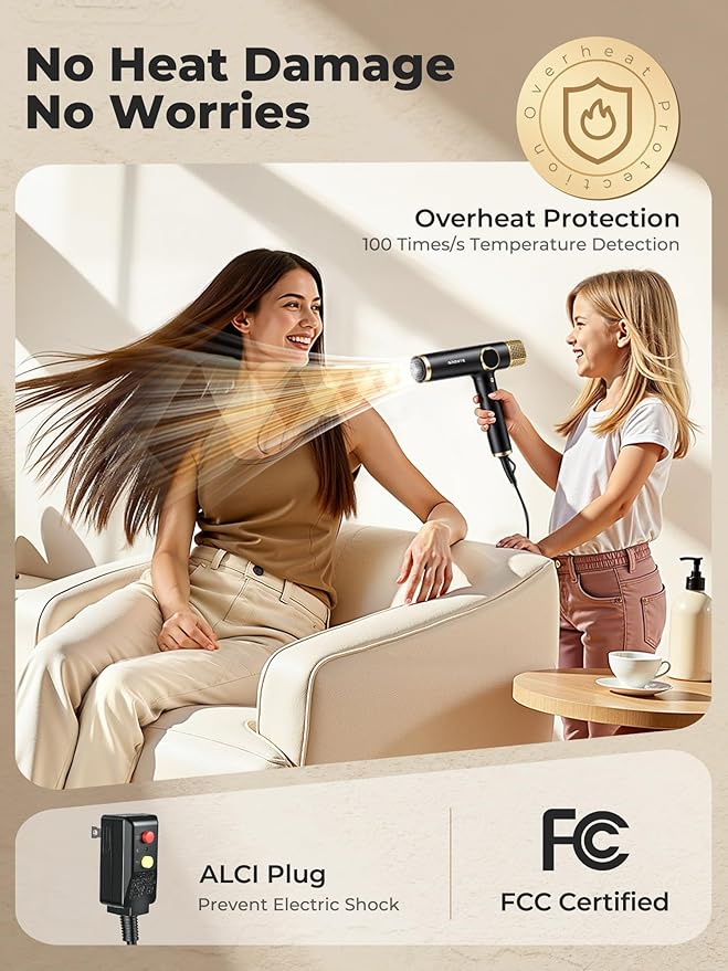 Portable Hair Dryer, 110,000 RPM Diffuser Hair Dryer, 400M Negative Ion, 6.5ft Cord, 4 Heat Settings & 3 Speed, Ionic Hairdryer with Concentrator Nozzle Diffuser for Curly Hair, for Women Men, Black