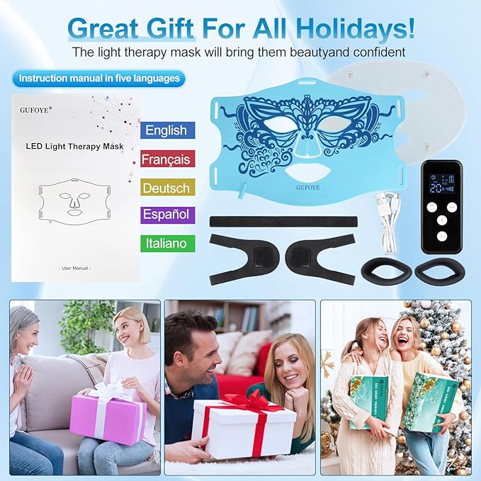 Red Light Therapy for Face Mask with Ice Compress, 850nm Infrared Red Light Therapy, 7+1 Light Modes Led Face Mask Light Therapy, Level 5 Timing, 3000mAh, Led Mask Light Therapy for Home, Blue