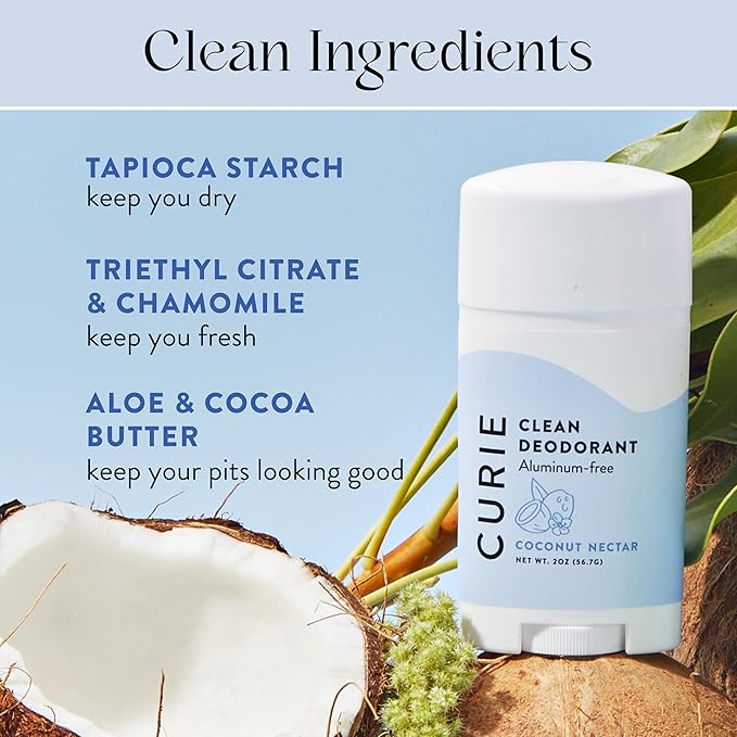 Curie Natural Deodorant for Women - Coconut Nectar + Ocean Air - Stick + Travel Size Bundle - Alumnium Free, Clean, Sustainable, Paraben Free (4 Pack)