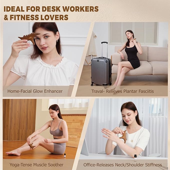 Body Gua Sha Tool Set with Rose Oil, Christmas Gifts for Adults Women, Wood Therapy Massage Tools for Body & Face, Lymphatic Drainage Massager for Relaxation, Deep Tissue Massage & Foot Care