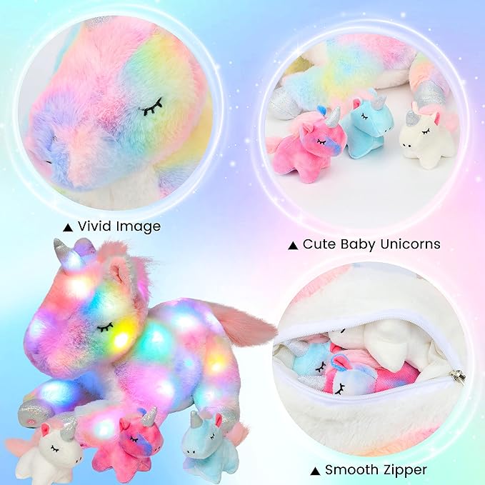 Hopearl LED Plush Unicorn Lighting Up Stuffed Mommy Unicorn with 3 Baby Unicorns in her Tummy Stuffed Animal Playset Night Lights Glow in The Dark for Mom Toddler Girls, Rainbow, 19''