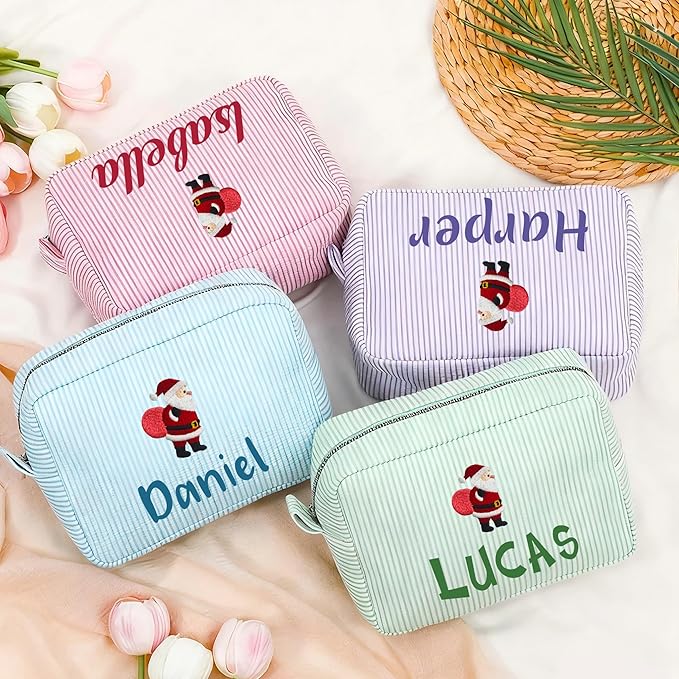 Personalized Seersucker Makeup Bag with Name,Custom Embroidered Cosmetic Bag for Women Girls,Travel Toiletry Bag,Bridesmaid Gifts,Organizer Storage Pouch,Gifts for Christmas,Birthday,Wedding