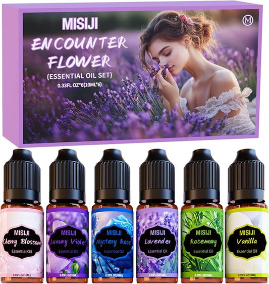 Flowers Essential Oils for Humidifier Diffuser- Cherry Blossom, Mystery Rose, Rosemary, Vanilla, Lavender, Luxury Violet,6x10mL