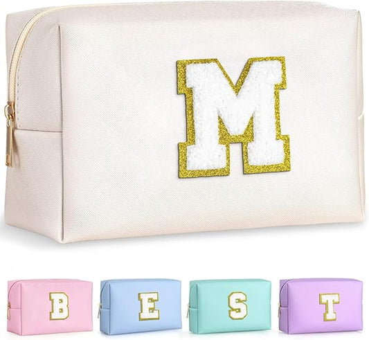 TOPEAST Monogrammed Gifts for Women, Preppy Makeup Bag Small Cosmetic Bag Travel Toiletry Bag, Personalized Birthday Gift for Girl, Wedding Bridal Shower Gifts for Bridesmaids (White M)